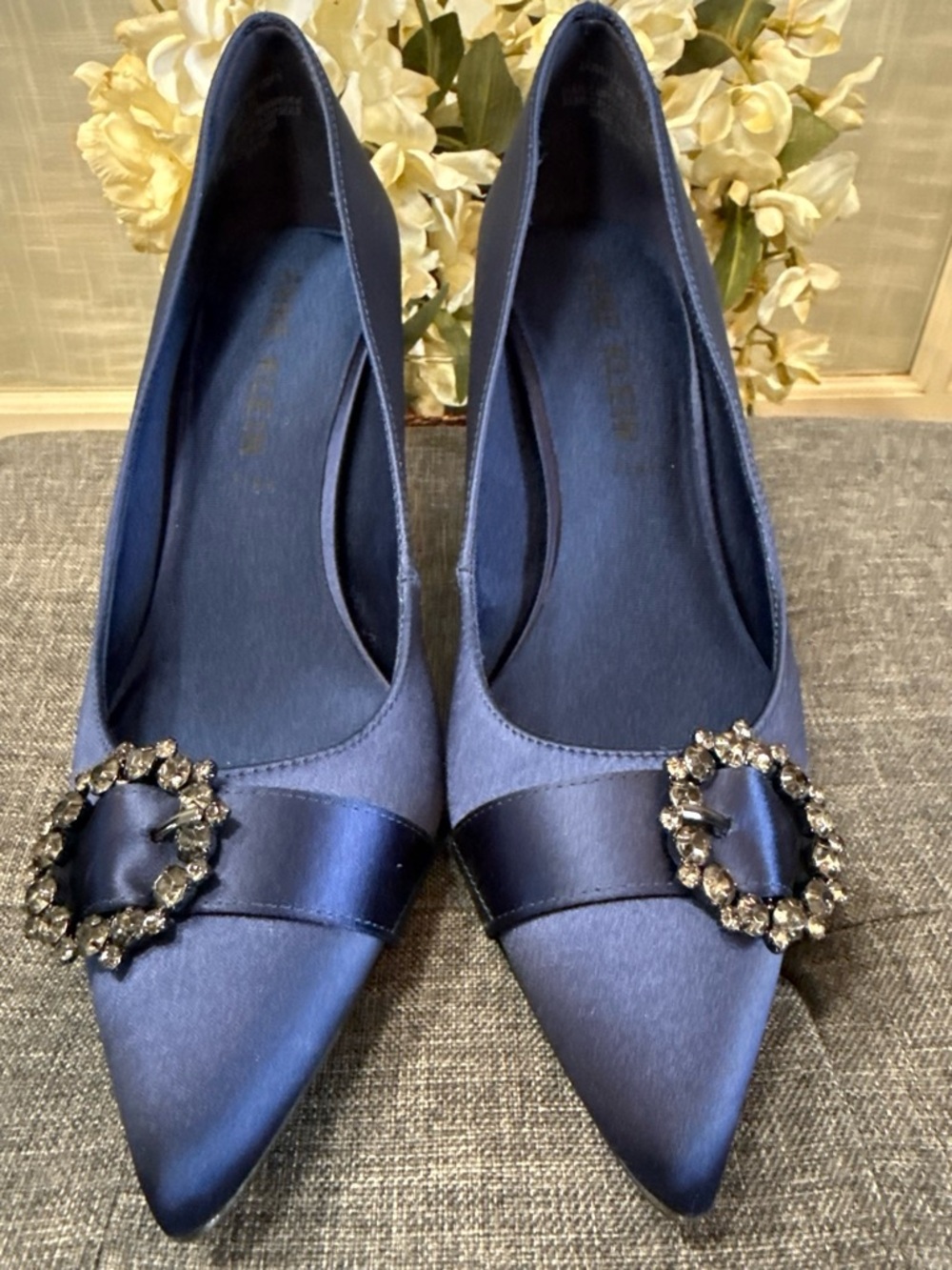 Anne Klein Navy Satin Pointed Toe Heels with Jeweled Round Buckles